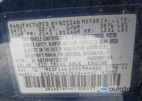 2019 Nissan Sentra Sv z USA, uszkodzony, nr VIN 3N1AB7AP4KY308139